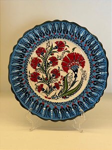 Prato de Parede Pequeno - Turquia - Decorativo - Cerâmica - Alto Relevo - Azul Claro e Colorido