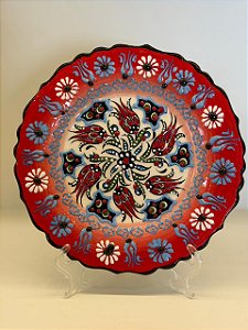 Prato de Parede Pequeno - Turquia - Decorativo - Cerâmica - Alto Relevo - Vermelho e Colorido