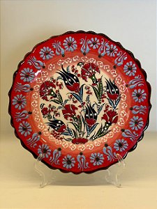 Prato de Parede Pequeno - Turquia - Decorativo - Cerâmica - Alto Relevo - Vermelho e Colorido