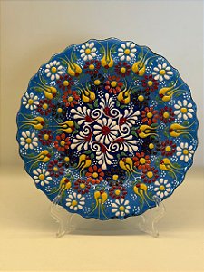 Prato de Parede Pequeno - Turquia - Decorativo - Cerâmica - Alto Relevo - Azul Claro e Colorido