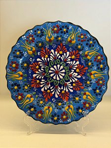 Prato de Parede Pequeno - Turquia - Decorativo - Cerâmica - Alto Relevo - Azul e Colorido