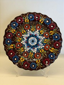 Prato de Parede Pequeno - Turquia - Decorativo - Cerâmica - Alto Relevo - Marrom e Colorido