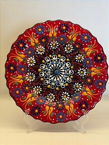 Prato de Parede Pequeno - Turquia - Decorativo - Cerâmica - Alto Relevo - Vermelho e Colorido
