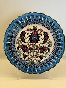 Prato de Parede Pequeno - Turquia - Decorativo - Cerâmica - Alto Relevo - Azul e Colorido