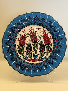 Prato de Parede Pequeno - Turquia - Decorativo - Cerâmica - Alto Relevo - Azul e Colorido