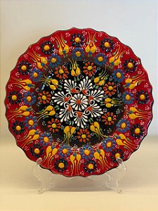 Prato de Parede Pequeno - Turquia - Decorativo - Cerâmica - Alto Relevo - Vermelho e Colorido