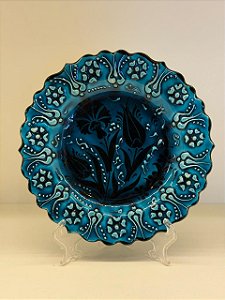 Prato de Parede Pequeno - Turquia - Decorativo - Cerâmica - Alto Relevo - Verde Turquesa