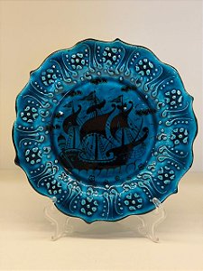 Prato de Parede Pequeno - Turquia - Decorativo - Cerâmica - Alto Relevo - Verde Turquesa
