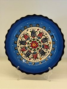 Prato de Parede Pequeno - Turquia - Decorativo - Cerâmica - Alto Relevo - Azul e Colorido