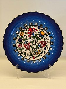 Prato de Parede Pequeno - Turquia - Decorativo - Cerâmica - Alto Relevo - Azul e Colorido