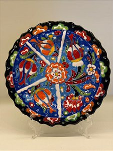 Prato de Parede Pequeno - Turquia - Decorativo - Cerâmica - Alto Relevo - Azul, Preto e Colorido