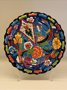 Prato de Parede Pequeno - Turquia - Decorativo - Cerâmica - Alto Relevo - Azul, Preto e Colorido