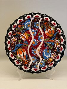 Prato de Parede Pequeno - Turquia - Decorativo - Cerâmica - Alto Relevo - Marrom, Vermelho e Colorido