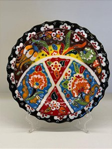Prato de Parede Pequeno - Turquia - Decorativo - Cerâmica - Alto Relevo - Marrom e Colorido