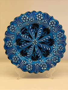 Prato de Parede Pequeno - Turquia - Decorativo - Cerâmica - Alto Relevo - Azul Turquesa
