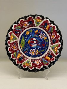 Prato de Parede Pequeno - Turquia - Decorativo - Cerâmica - Alto Relevo - Vermelho, Azul e Colorido