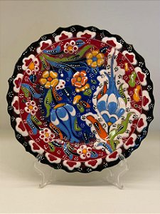 Prato de Parede Pequeno - Turquia - Decorativo - Cerâmica - Alto Relevo - Vermelho, Azul e Colorido