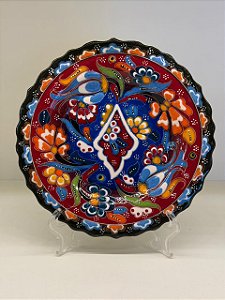 Prato de Parede Pequeno - Turquia - Decorativo - Cerâmica - Alto Relevo - Vermelho, Azul e Colorido