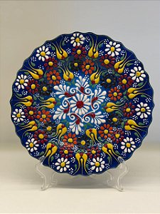 Prato de Parede Pequeno - Turquia - Decorativo - Cerâmica - Alto Relevo - Azul e Colorido