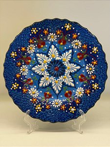 Prato de Parede Pequeno - Turquia - Decorativo - Cerâmica - Alto Relevo - Azul e Colorido