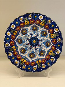 Prato de Parede Pequeno - Turquia - Decorativo - Cerâmica - Alto Relevo - Azul Escuro e Colorido