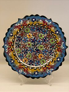 Prato de Parede Pequeno - Turquia - Decorativo - Cerâmica - Alto Relevo - Azul, Amarelo e Colorido