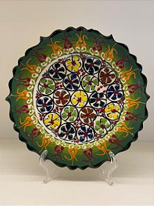 Prato de Parede Pequeno - Turquia - Decorativo - Cerâmica - Alto Relevo - Verde e Colorido
