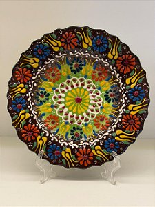 Prato de Parede Pequeno - Turquia - Decorativo - Cerâmica - Alto Relevo - Marrom, Verde e Colorido