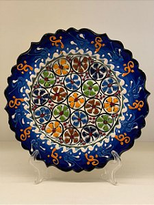 Prato de Parede Pequeno - Turquia - Decorativo - Cerâmica - Alto Relevo - Azul e Colorido