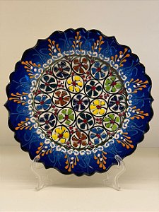 Prato de Parede Pequeno - Turquia - Decorativo - Cerâmica - Alto Relevo - Azul e Colorido