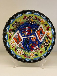 Prato de Parede Pequeno - Turquia - Decorativo - Cerâmica - Alto Relevo - Verde Claro, Azul e Colorido