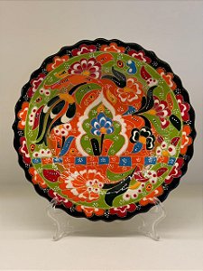 Prato de Parede Pequeno - Turquia - Decorativo - Cerâmica - Alto Relevo - Verde Claro, Laranja e Colorido