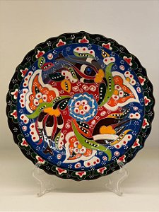 Prato de Parede Pequeno - Turquia - Decorativo - Cerâmica - Alto Relevo - Azul Escuro e Colorido