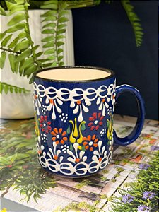 Caneca Turca - Cerâmica - Pintada à mão - Azul Escuro e Colorido