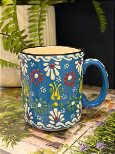 Caneca Turca - Cerâmica - Pintada à mão - Azul Claro e Colorido