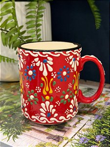 Caneca Turca - Cerâmica - Pintada à mão - Vermelho e Colorido