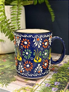 Caneca Turca - Cerâmica - Pintada à mão - Azul Escuro e Colorido