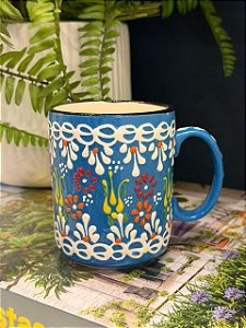 Caneca Turca - Cerâmica - Pintada à mão - Azul Claro e Colorido