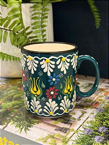 Caneca Turca - Cerâmica - Pintada à mão - Verde Escuro e Colorido