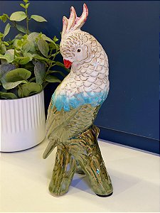 Escultura Cacatua - Decorativa - Cerâmica - Branco, Verde e Turquesa
