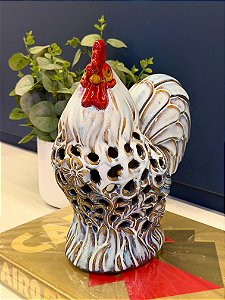 Galo Decorativo - Cerâmica - Branco, Azul e Marrom - 27CM