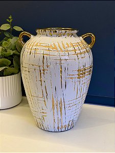 Vaso Cerâmica Branco e Dourado 29cm
