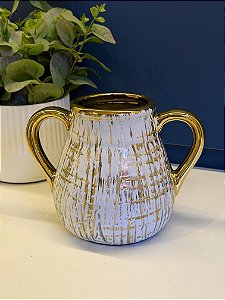 Vaso Cerâmica Branco e Dourado 16cm