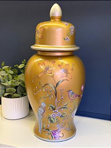 Potiche - Cerâmica - Dourado e Colorido - Flores - 59CM