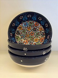 Bowl - Cerâmica - Turquia - Pintura Alto Relevo - Tamanho Grande - Azul Escuro e Colorido