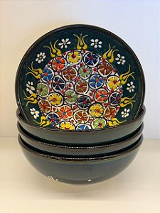 Bowl - Cerâmica - Turquia - Pintura Alto Relevo - Tamanho Grande - Verde Escuro e Colorido