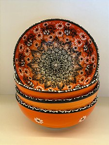 Bowl - Cerâmica - Turquia - Pintura Alto Relevo - Tamanho Grande - Laranja