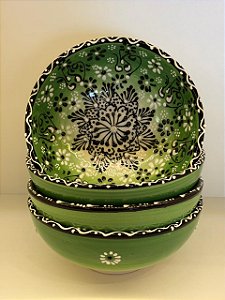 Bowl - Cerâmica - Turquia - Pintura Alto Relevo - Tamanho Grande - Verde Claro