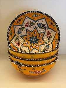 Bowl - Cerâmica - Turquia - Pintura Alto Relevo - Tamanho Grande - Amarelo e Colorido