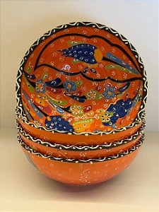 Bowl - Cerâmica - Turquia - Pintura Alto Relevo - Tamanho Grande - Laranja e Colorido